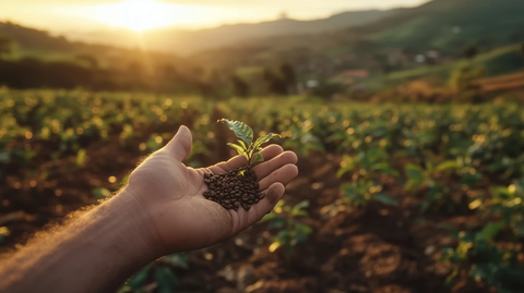 手握咖啡豆背景咖啡田
