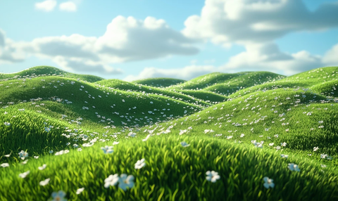 绿草山丘花朵蓝天