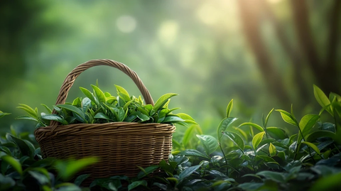 新鲜绿茶叶篮子茶园背景