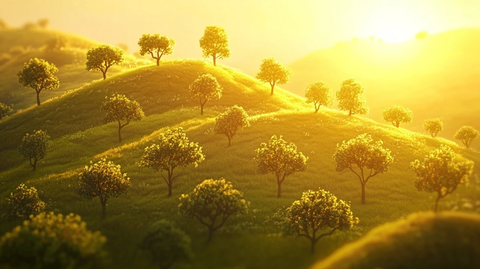 阳光洒满山坡小树