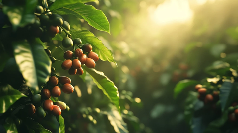 咖啡豆与咖啡树叶细节特写