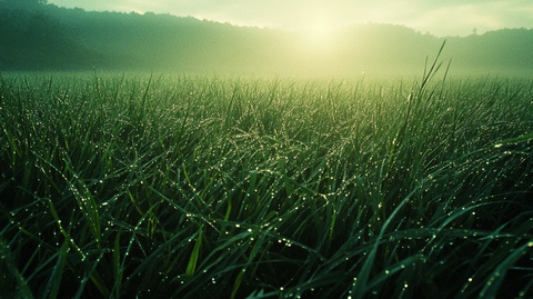 春日草地晨露初现