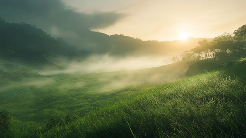 绿色田野雾气缭绕