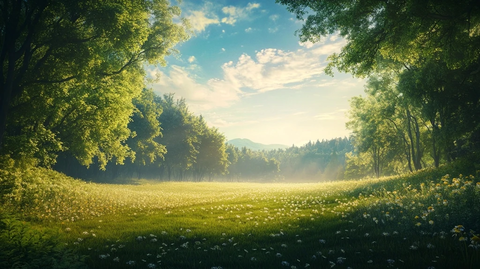 绿林与花海交汇的宁静景致