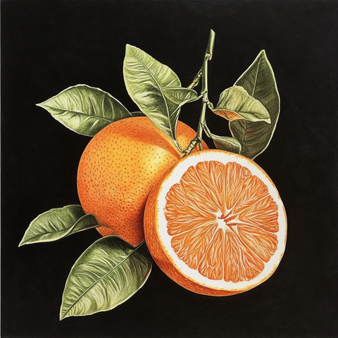 橙子与绿叶黑背景