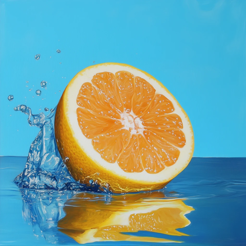 新鲜葡萄柚与水杯蓝墙