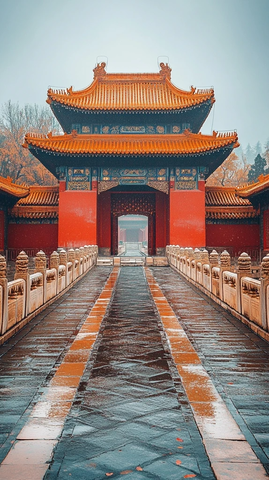 古色古香的中式建筑大门及长廊景观