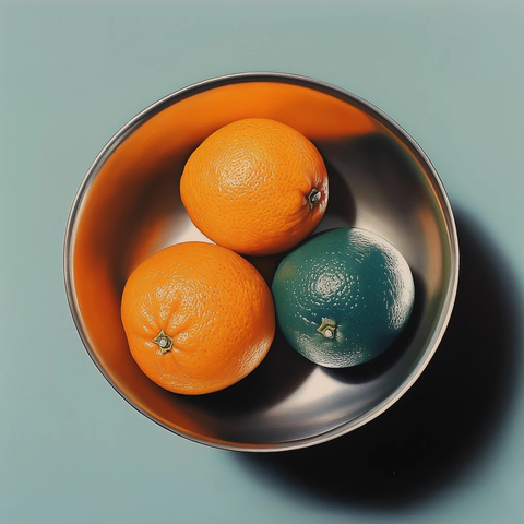 青色橘子与橙子不锈钢碗中