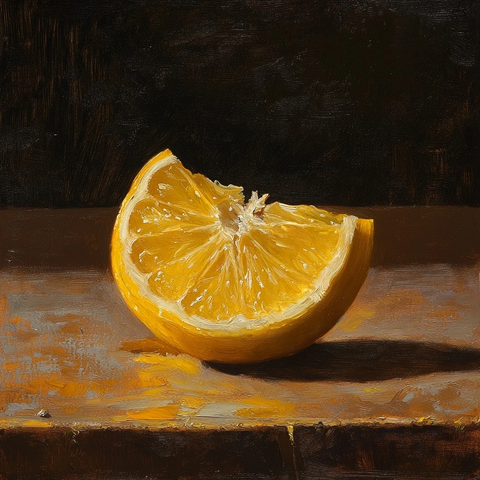 柠檬切半摆放桌面的油画