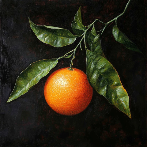 油彩画橘子和绿叶
