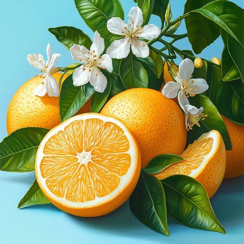 橙子切开露果汁绿叶白花