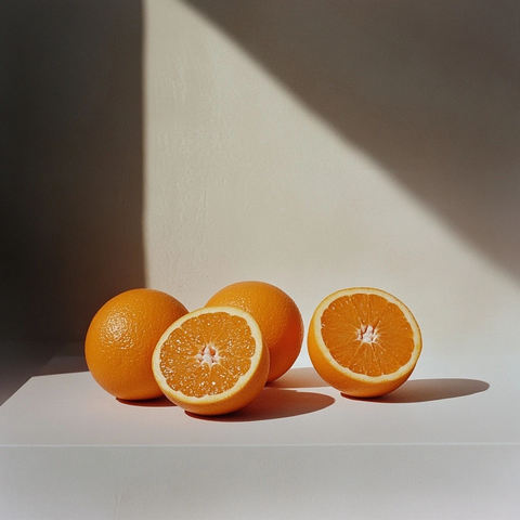 三个完整橙子与半个切开橙子