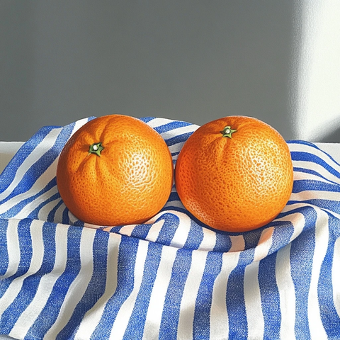 橙子蓝白条纹茶巾静物