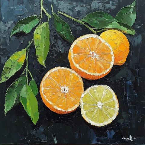 橙子柠檬绿叶静物画
