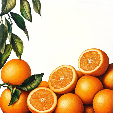 橙子堆放带绿叶空白角