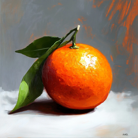 桌上橘子与绿叶油画