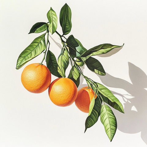 小橙子与绿叶静物画