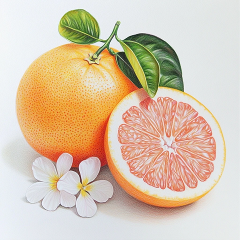 葡萄柚切片与花卉铅笔画