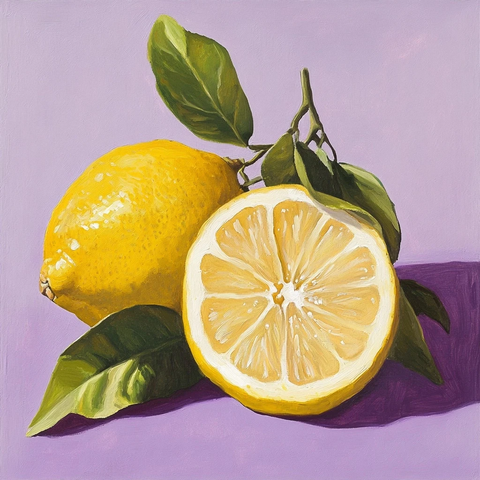 柠檬果实与藤叶静物画