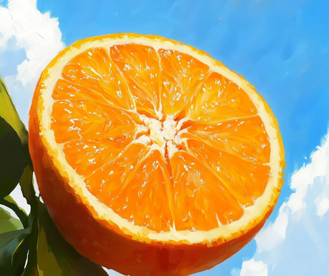切开橙子与蓝天背景