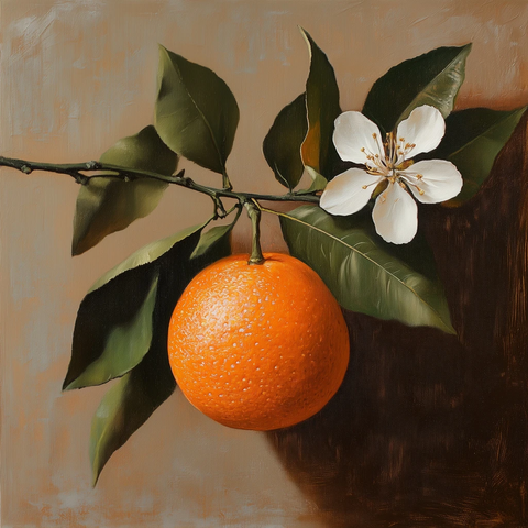 橙子小枝叶花油画