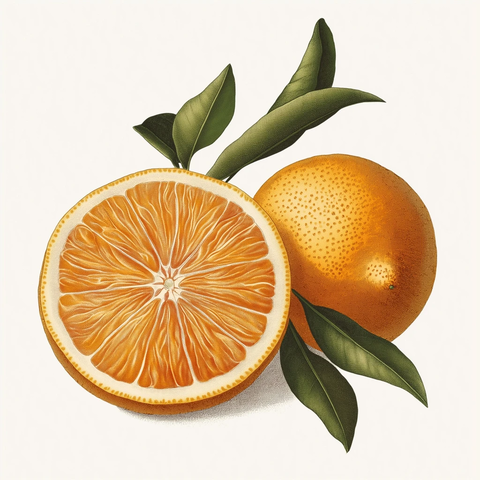 橙子切半与柠檬枝叶插画