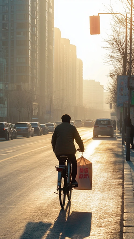 阳光中城市街道上骑自行车的人