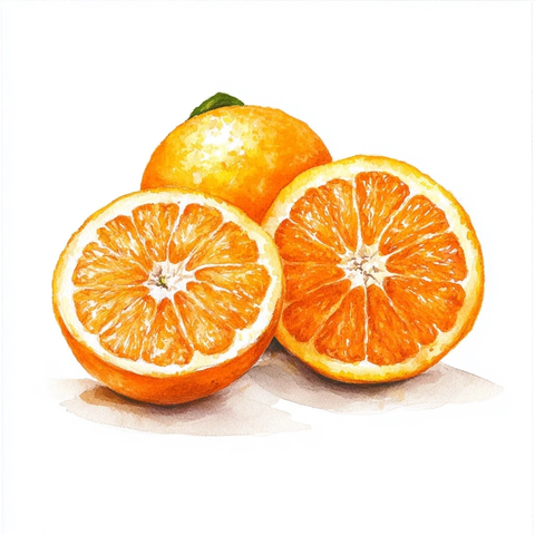 三颗橘子一颗切半水彩画