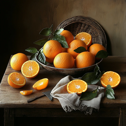 木桌上的橙子与绿叶