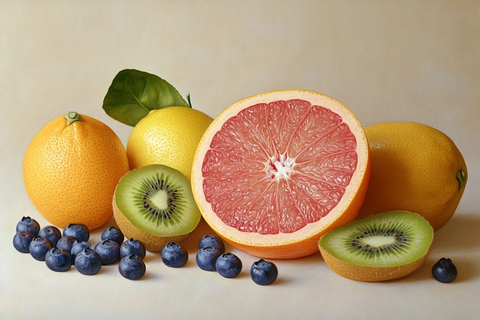 橙子葡萄柚蓝莓柠檬猕猴桃静物