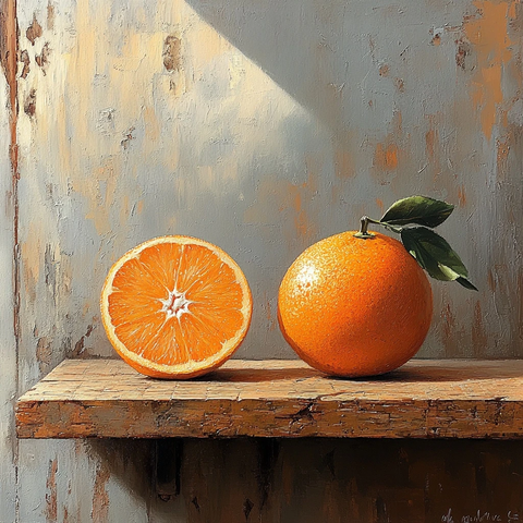 木桌上的橙子油画