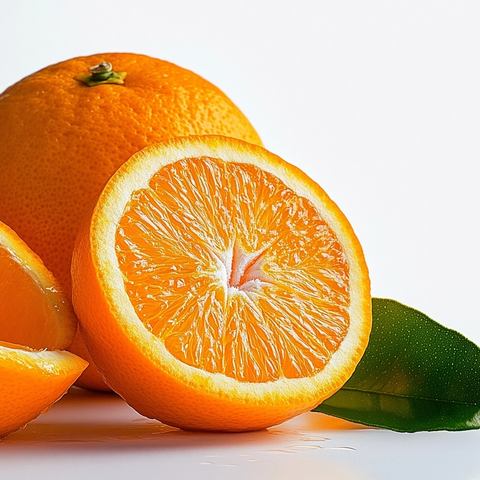 鲜橙切片与橙叶特写