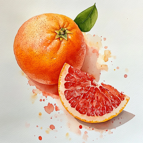 白纸上的柚子与切片水彩画