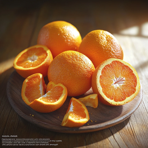 鲜橙摆盘木桌阳光照射