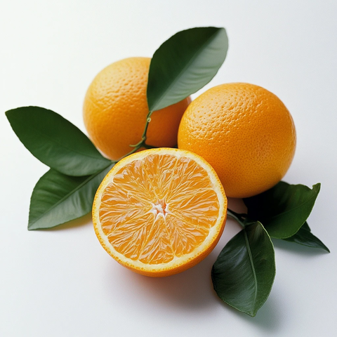 三个带叶橙子与切开橙子