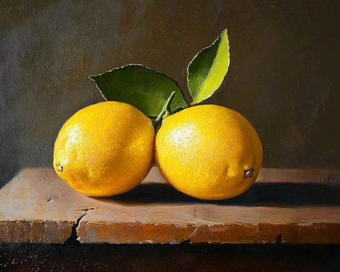 柠檬木桌静物油画