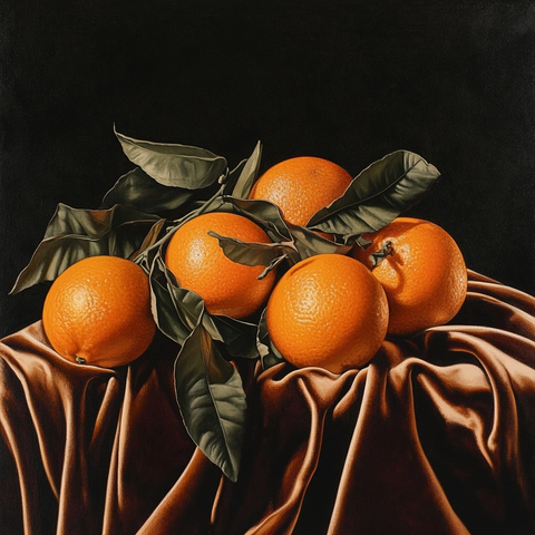 橙子与绿叶的绒布静物