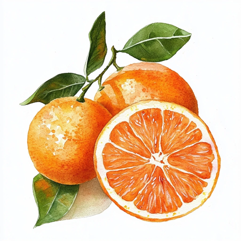 苦橙果实与叶片水彩画