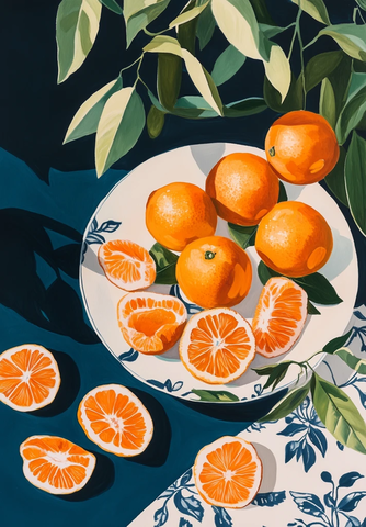 青花瓷桌布上的柑橘与绿叶