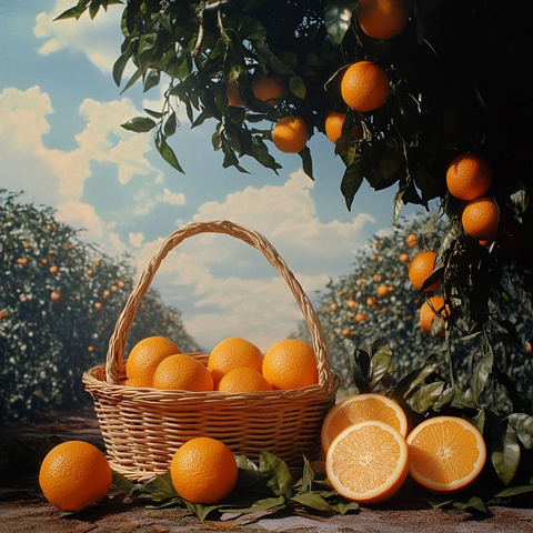 篮子里的橙子与绿色树木