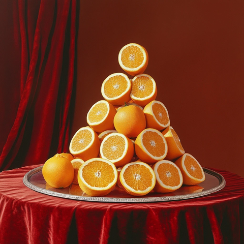 橙子塔红绒桌布静物