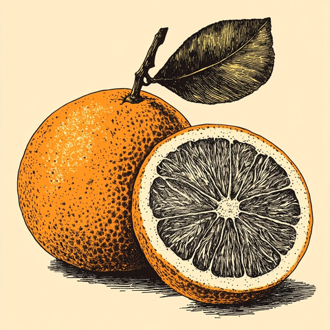 橙子与半橙木刻插画