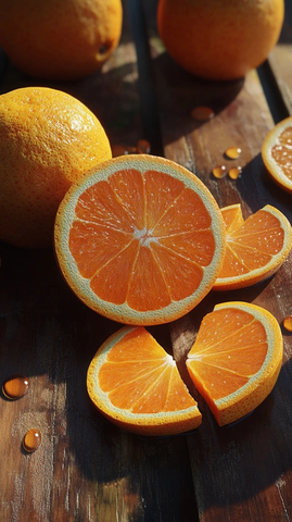 橙子切片摆放在木桌