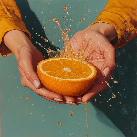 女子手挤橙汁喷溅