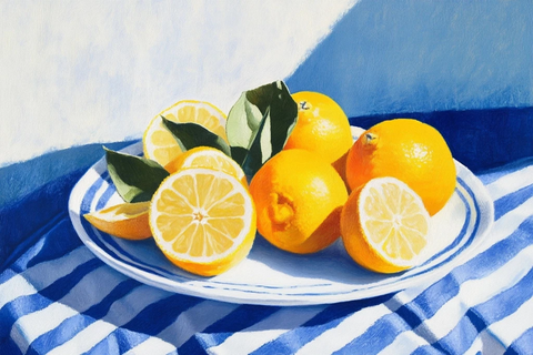 蓝白条纹桌布上的柑橘