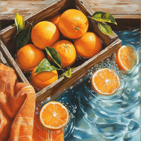 池中漂浮橙子与水果箱