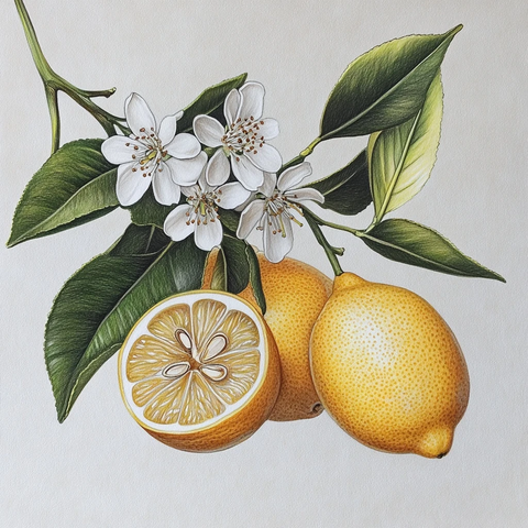 柠檬枝与花朵及切开柠檬