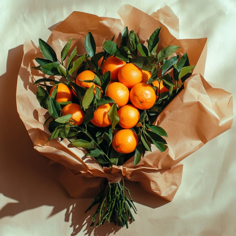 桌上摆放柑橘枝束的工艺纸包