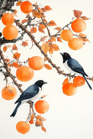 柿子挂枝头喜鹊栖树梢