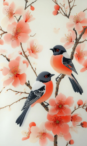 桃花枝头双喜鹊